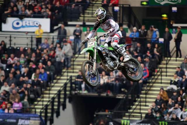 Arenacross daredevil bike action at Sheffield Motorpoint Arena, Saturday, February 14, 2015.