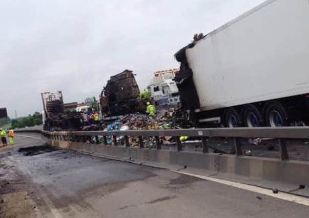 A picture of  the two lorries which collided on the M1 motorway, on May 23, was captured in this dramatic picture by a Derbyshire Times reader.