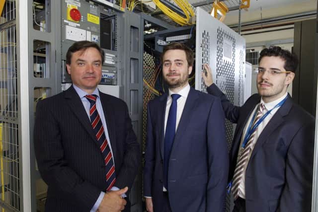 From left: Paul Gower from Finance Yorkshire with Oliver Bryssau and Henri Wust of Origin Broadband.