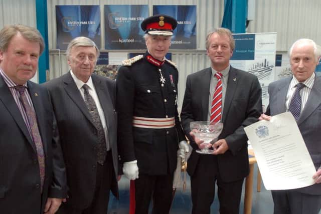 In 2012 Kiveton Park Steels was presented with  the Queens award for export at a ceremony attended by the Lord Lieutenant  of South Yorkshire Mr David Moody. Picyured from left: Mr M Jones Sales and Marketing Director, Mr  G Blatherwick (joint Managing Director), Lord Lieutenant, Mr D. Moody,Mr  A Collington Managing Director and Mr  A Maycock (Chairman)