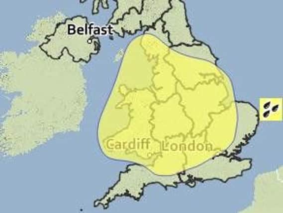 The warning area includes South Yorkshire and the East Midlands