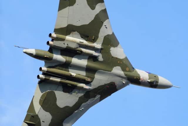 Pictures from the Yorkshire Airshow at Leeds East Air field September 26 2015. The Avro Vulcan XH558 during its display flypast.