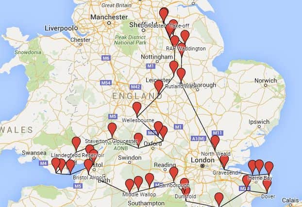 Sunday's route over southern England and Wales.