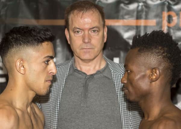 Boxing Press Conference at G Casino Sheffield
er Waleed Din v Thomas Essomba for the Commonwealth Flyweight belt
The fighters face off with promoter Dennis Hobson