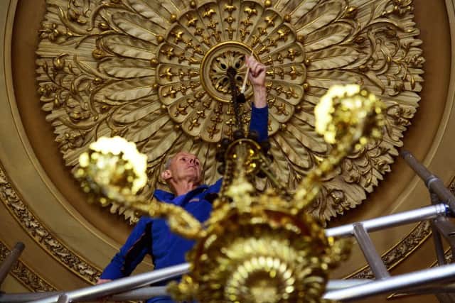 18 Nov 2015......Brodsworth Hall near Doncaster is expertly cleaned and 'put to bed' for the winter. Robin Matthews (collections care assistant) cleans the ornate ceiling in the Entrance Hall. Picture Scott Merrylees SM1010/19d