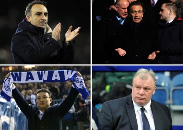 Clockwise from top left: Carlos Carvalhal; Massimo Cellino, Steve Evans and Dejphon Chansiri