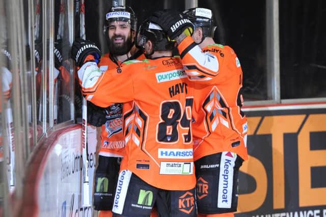 Mathieu Roy is congratulated on his goal against Nottingham