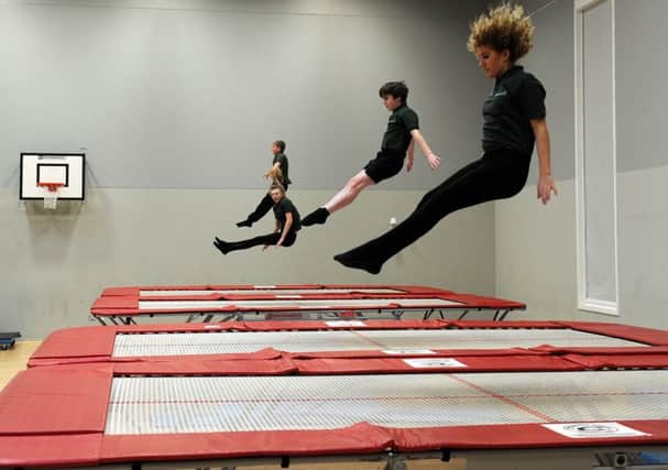 (l-r) Ben Haigh, Bridie Randerson, Lloyd Taylor and Neve Hillson of Netherwood School during a trampolining session. Picture: Andrew Roe