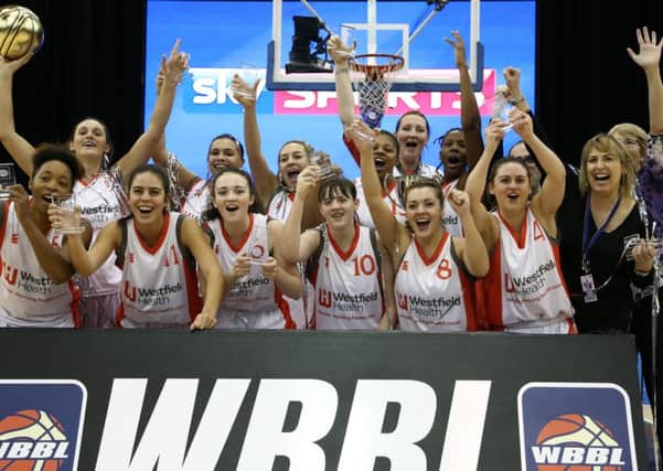 Sheffield Hatters celebrate their WBBL Trophy title win after beating Barking Abbey Crusaders 79-45 on Sunday. Picture: Ville Vuorinen