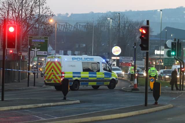 Police close the city centre bound side of the A61 at the junction with Leppings Lane