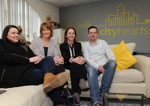 (l-r) Kirsty Wilson, women's house manager, Jen Barker, anti trafficking director, Colleen Brownlee, family outreach manager and Gavin Gray, men's house manager at City Hearts. Picture: Andrew Roe