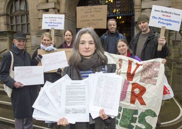 Carly Mountain and other tree campaigners outside the Town Hall in Sheffield where they handed in a 5,000 signature petition