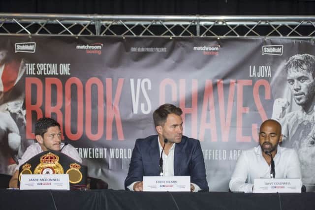 Kell Brook and Jamie McDonnell Press ConferenceSheffield City HallJamie McDonnell, Promoter Eddie Hearn and trainer Dave Coldwell
