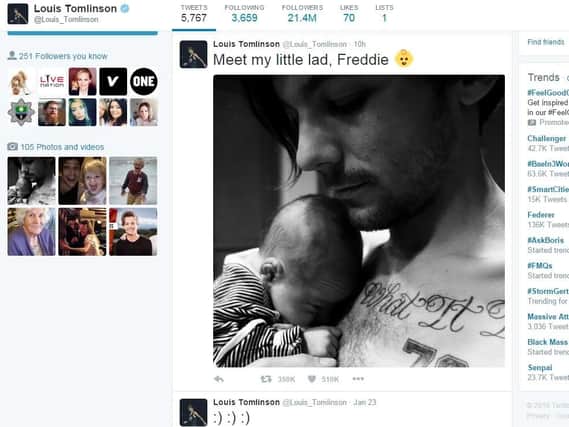 Louis Tomlison tweets first photo of him and baby son, Freddie. Photo: @Louis_Tomlinson