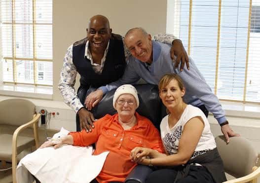 Patient Patricia Stansbury with Strictly stars Ainsley Harriott, Len Goodman and Mel Geidroyc