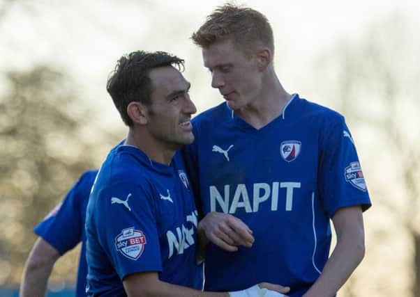 Braintree Town vs Chesterfield - Sam Clucas congratulates Gary Roberts - Pic By James Williamson