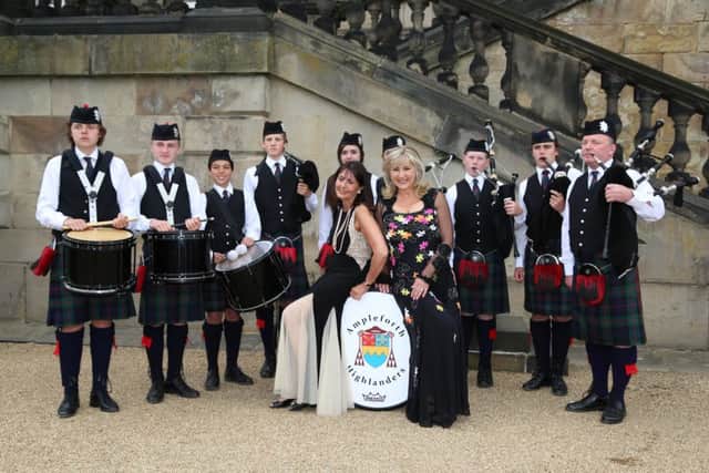 Lesley Garrett and Lost Chord's Helena Muller at last year's show with the Ampleforth Highlander pipers