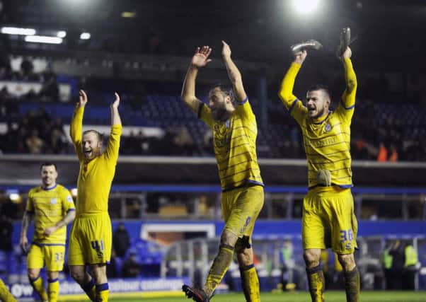 Atdhe Nuhiu (centre) celebrates with team mates after Wednesday's 2-1 win over Birmingham