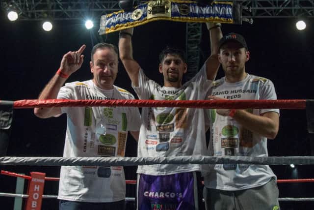 Zahid Hussain (purple/Black Trunks) vs Dmitrijs Gutmans (blue/white Trunks) - Zahid Hussain and his team after winning Vacant International Classic Challenge featherweight title - pic By James Williamson