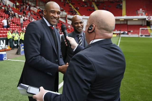 Brian Deane and Tony Agana back together at Bramall Lane interviewed by stadium announcer Gary Sinclair - English League One - Sheffield Utd vs Doncaster Rovers - Bramall Lane Stadium - Sheffield - England - 26th September 2015 - Picture Simon Bellis/Sportimage
--------------------
Sport Image
15/16 Sheff Utd v Doncaster
26 September 2015
©2015 Sport Image all rights reserved