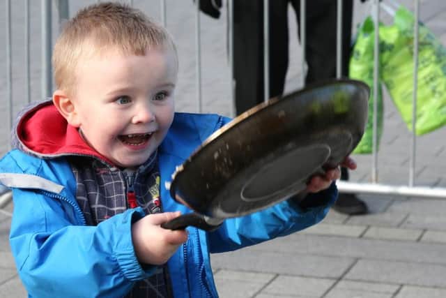 NDFP/NDOS - Pancake Day in Doncaster Market Place. James Harty age 4