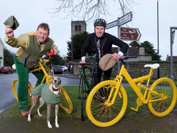 Doncaster Olympic and Commonwealth road cyclist John Tanner (right) with "Tyke" Paul Hall, proprietor of Sprotbrough Country Club and whippet Tigger.