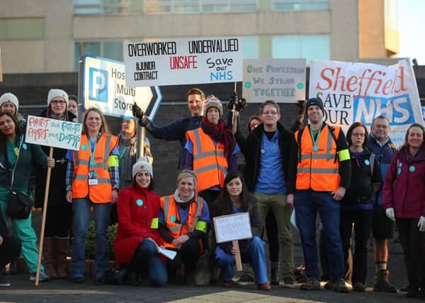 Junior doctors on strike outside The Royal Hallamshire Hospital, sheffield today February 10 2016. Junior doctors have walked out on a 24hour strike again today to voice their concerns over new proposed contracts and a 7 day NHS.