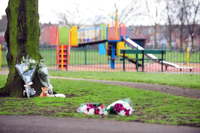17/02/2012
Scene pictures where 13-year-old Casey Kearney was stabbed in Elmfield Park in Doncaster South Yorkshire and later died in hospital Emergency services were called to Elmfield Park in Doncaster by the girl just after 13:15 GMT on Tuesday. 
Picture shows flowers left in the park by Parents at the place where Casey was found.

rossparry.co.uk