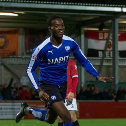 Gboly Aryibi celebrates his goal against FC United