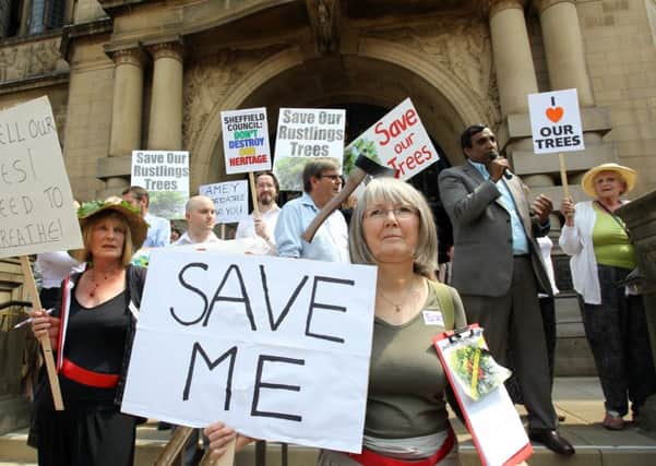 Protestors gathered outside Sheffield Town Hall to protest about the cutting down of Sheffield's trees.