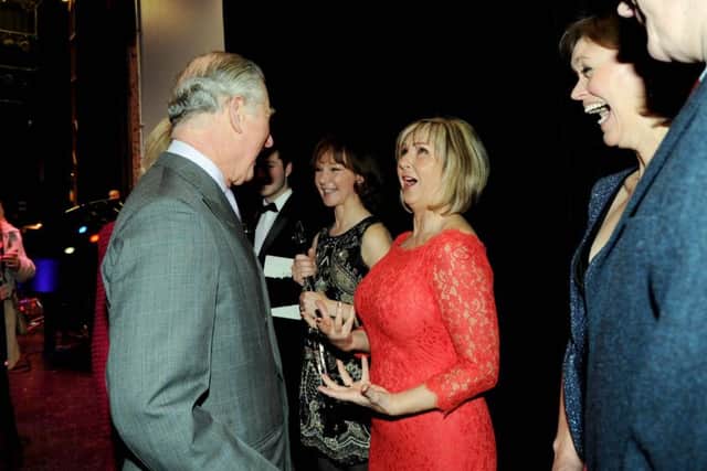 The Prince of Wales and the Duchess of Cornwall, visit the Royal Hall, Harrogate.The Prince Shares a joke with Lesley Garrett..17th February 2016 ..Picture by Simon Hulme