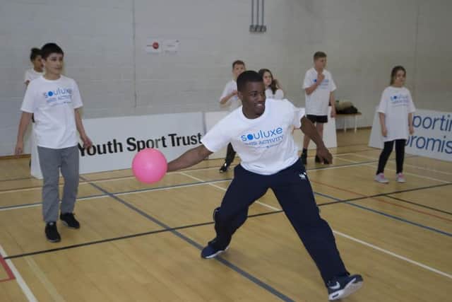 Former sprint champion, Leon Baptiste was at All Saints Catholic High School in Sheffield to highlight just one of a variety of sports that are now offered to local schools through the Sporting Promise, an initiative delivered by Matalan, Souluxe and the Youth Sport Trust to encourage more young people into PE and sport. pic mike cowling feb 17 2016