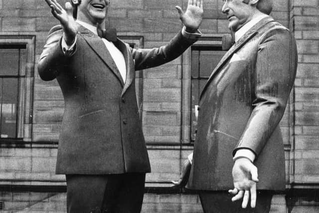 The statue of Morecambe and Wise outside Weston Park Museum, Sheffield