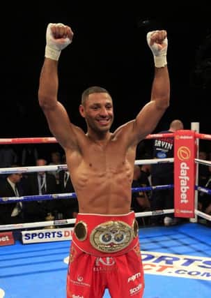 Kell Brook celebrates defeating Frankie Gavin in their IBF World welterweight title fight at the O2 Arena, last year