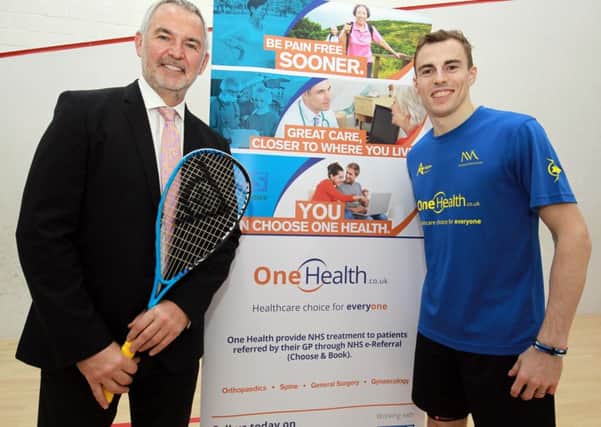The launch of the Nick Matthew Apex Squash Academy, sponsored by One Health Group, at Hallamshire Tennis and Squash Club on Ecclesall Road in Sheffield. Nick is pictured with One Health Director Derek Bickerstaff.