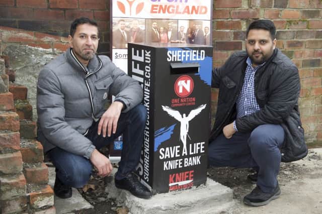 Director of One Nation Community Centre Wajid Nazir and Community Campaigner, Shahid Ali with the knife amnesty bin outside the gym on Broadfield Road at Nether Edge
Picture by Dean Atkins
