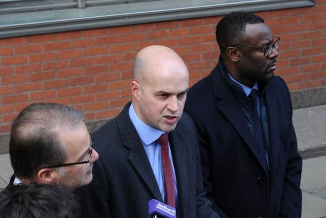 (l-r) Head of CPS Yorkshire and Humberside Peter Mann, Senior Investigating Officer Martin Tate and Director of Children Services with Rotherham Council Ina Thomas, give a statement after the verdict of the Rotherham Sex Abuse Trial. Picture: Andrew Roe
