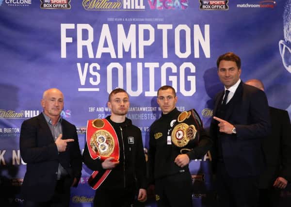 Carl Frampton (second left) and Scott Quigg (second right) alongside promoters Barry McGuigan and Eddie Hearn go head to head after a press conference at the Radisson Blu Hotel, Manchester.