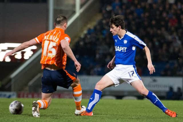 Chesterfield vs Blackpool - Connor Dimaio passes the ball - Pic By James Williamson