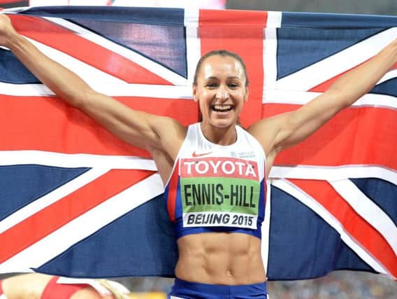 Jessica Ennis-Hill celebrates winning gold at the World Championships in Beijing