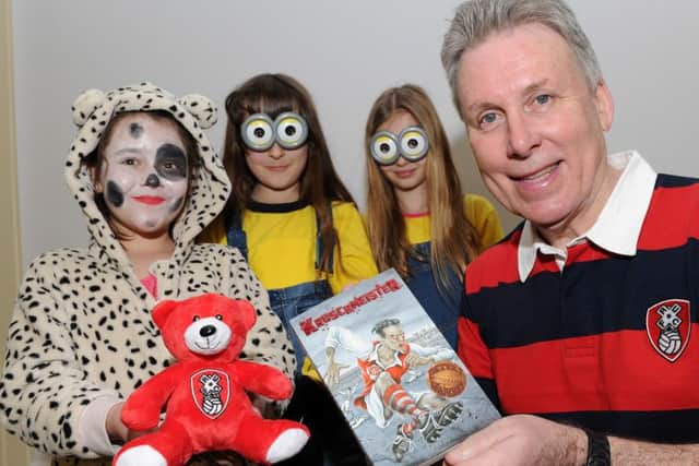 Author Peter Murray with (l-r) Grace Bower, Sophie Jackson and Holly Wigfull, of St Bede's Catholic Primary School for World Book Day and the launch of his latest book Kruschmeister. Picture: Andrew Roe