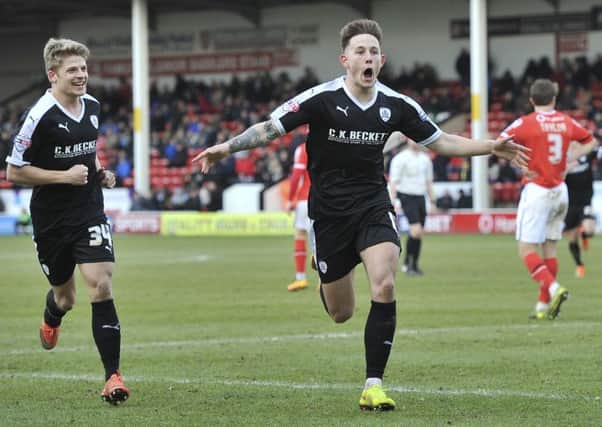 Barnsley's Josh Brownhill celebrates after scoring their second. Photo: Keith Turner