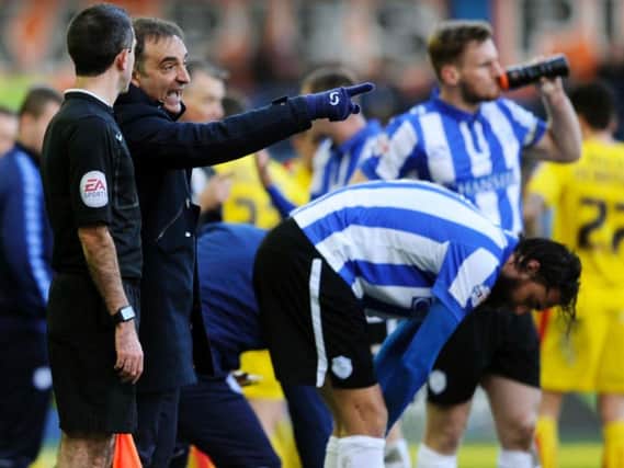 Carlos Carvalhal has a word with the assistant referee