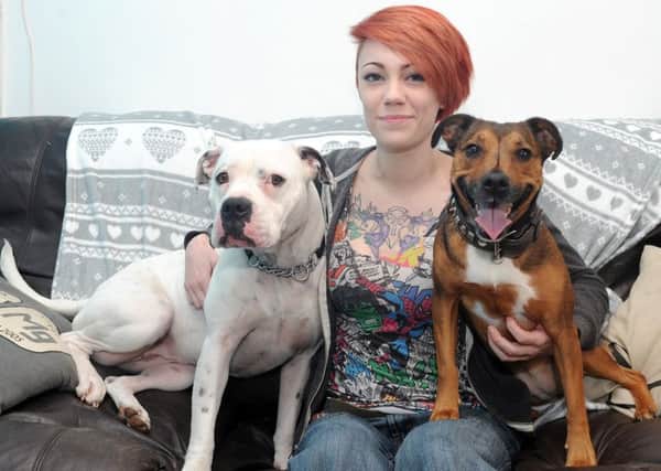Liz Hoyland, who suffers with depression and anxiety, with her two dogs Bonnie and Ninja, as she is campaigning for people with mental health problems to have guide dogs