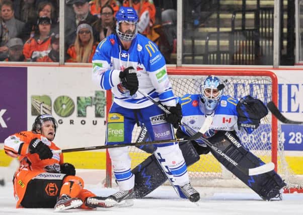 Brian Stewart keeping goal for Coventry Blaze, at Sheffield.