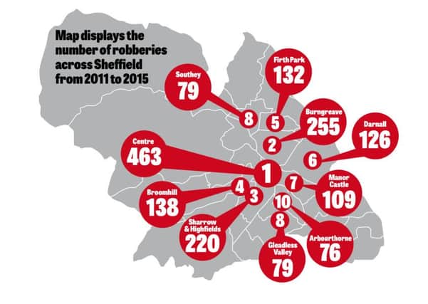 Map displays the number of robberies across Sheffield from 2011 to 2015