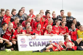 Sheffield FC Ladies. celebrating promotion after victory against Portsmouth last  May. Photo: Ben Webster