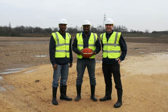 Sheffield Sharks players John Barber Jr, Atiba Lyons, and Mike Tuck on the site of their new home at the Olympic Legacy Park.