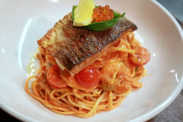 Food review at Kia's Pastaria on Abbeydale Road in Sheffield. Sea Bass Linguine with Salmon Caviar.