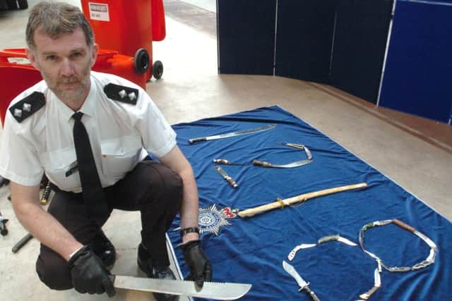 Knife Amnesty 1. Inspector David Owens with some of the 1218 Knives and sharp implements that were handed in during the recentknife amnesty.
